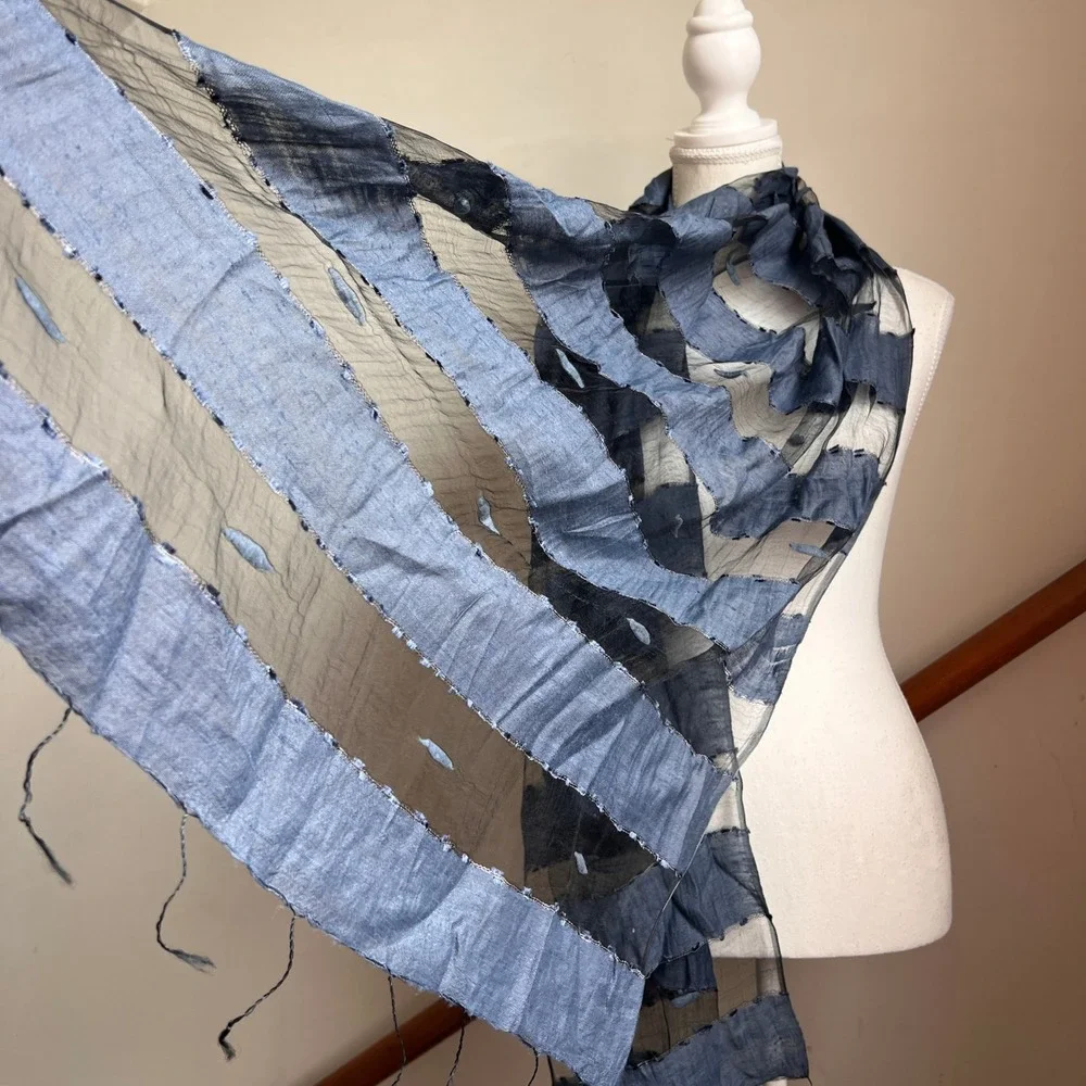 Silk Boiled Wool Sheer‎ Scarf Blue Textured Lightweight Summer Wrap Shawl Artsy
